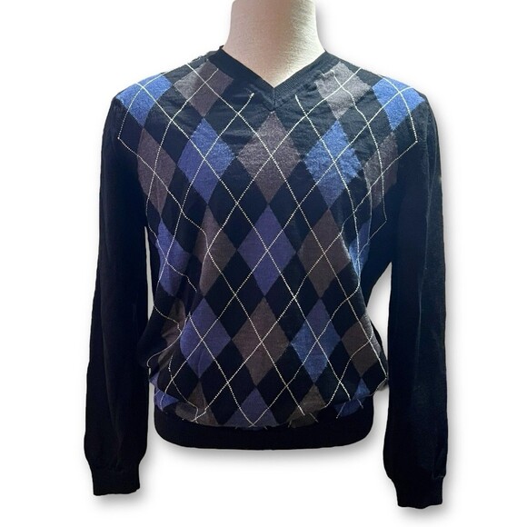 Marco Fiori Fine Knit Merino Wool Black Blue Argyle Sweater Sz Large Italy - Picture 1 of 6